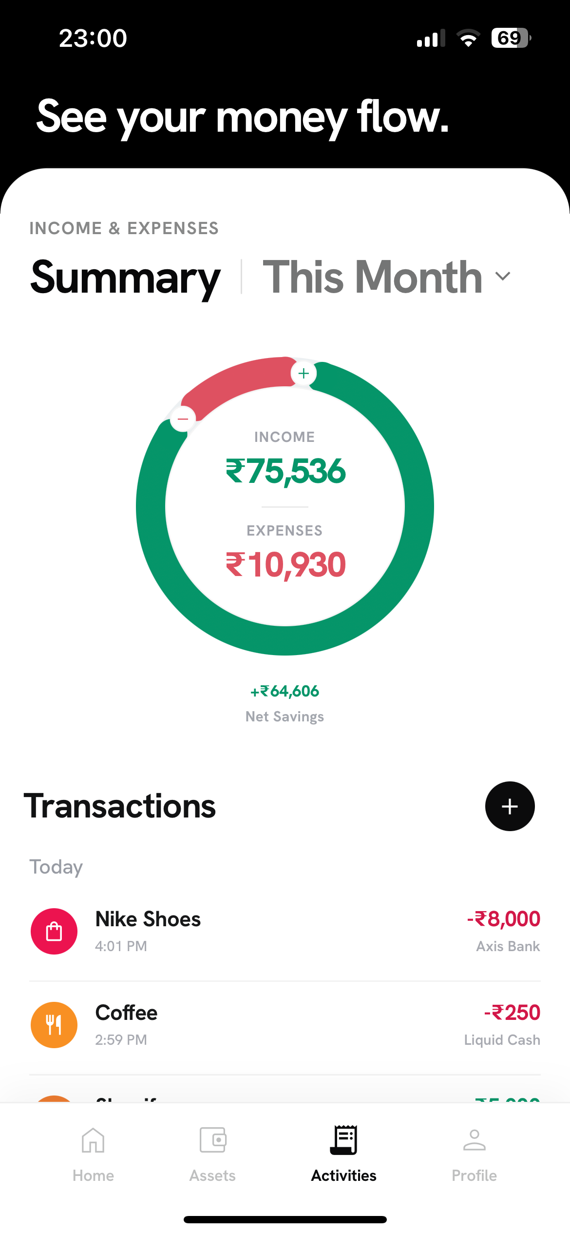 OhMoney income and expenses screen