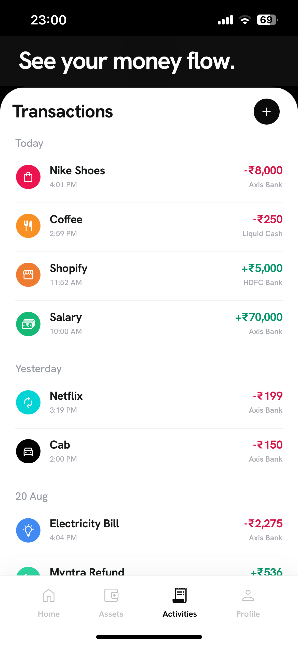 OhMoney finance tracking screen